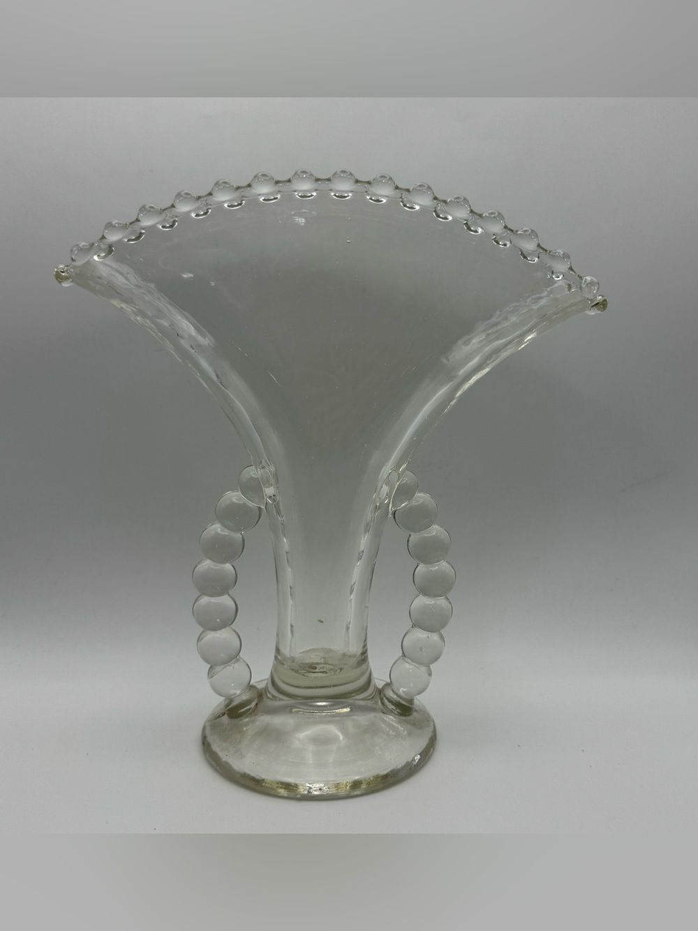 Vintage Imperial Glass Candlewick Clear Fan Vase Beaded Handles